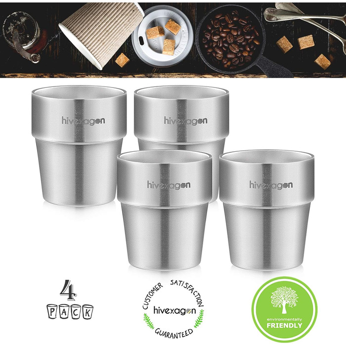 Hivexagon 300ml Set of 4 Double-Walled Stainless Steel Cups - Ideal for Cold Drinks - Dishwasher Safe HG515