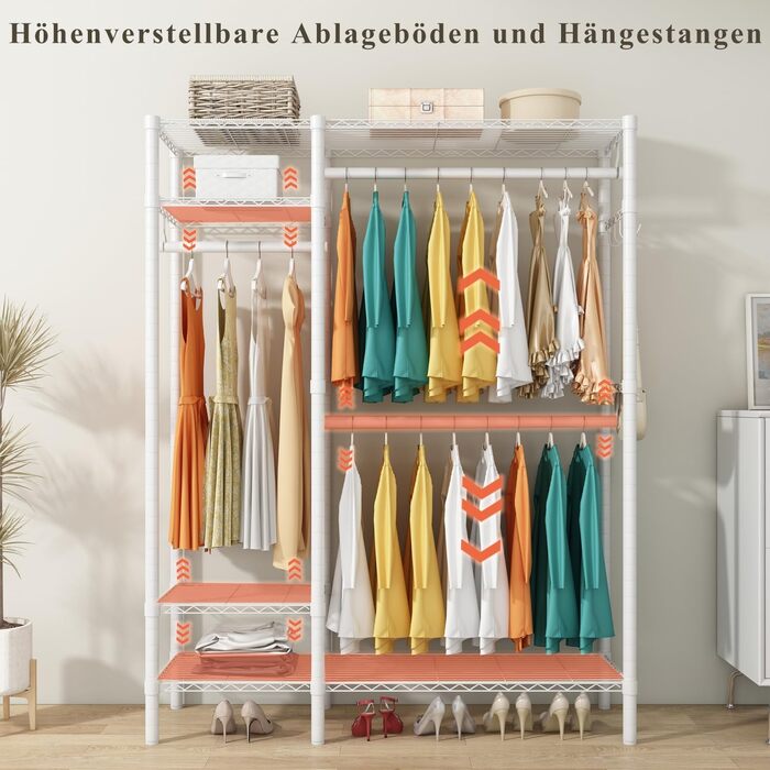 KZOBYD Clothes Rack, Freestanding Clothes Rail with Shelf Metal Wardrobe with Hanging Rods Open Closet with 4 Adjustable Shelves for Coats, Dresses, Shoes (White)