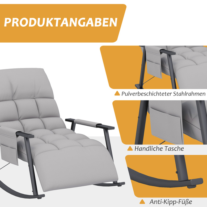 HOMCOM Rocking Chair with Adjustable Backrest & Footrest, Side Pocket, Microfiber Upholstery, Metal Frame, Grey