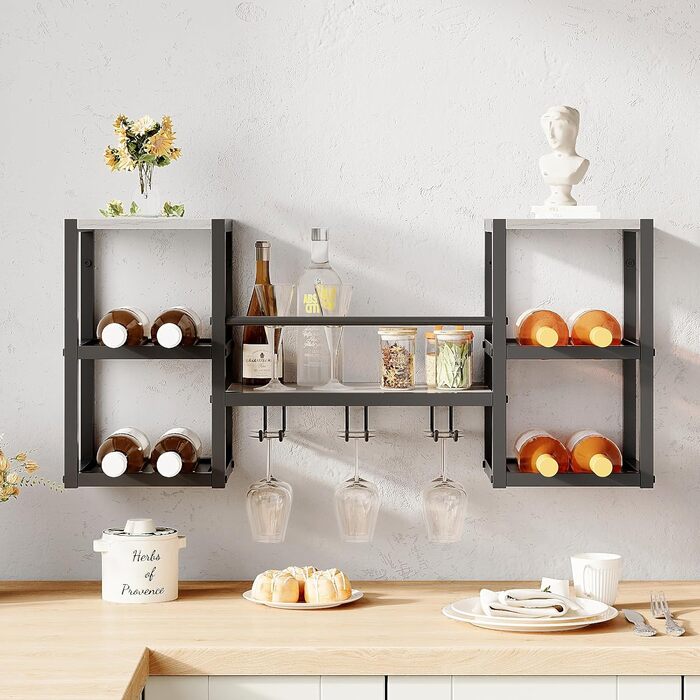 Настінна вітрина для вина VEDECASA на 3 яруси з 6 тримачами для келихів, сіра