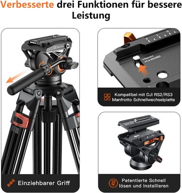 Штатив для камери COMAN 186см з алюмінію, 360° обертання та +/-90° нахил, відео штатив, максимальне навантаження 10кг