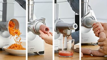 М'ясорубка Bosch MFW68660 сріблясто-чорна, 2200 Вт, насадки для ковбас, 4 тертки, 3 диски з нержавіючої сталі (3, 4.8, 8 мм)