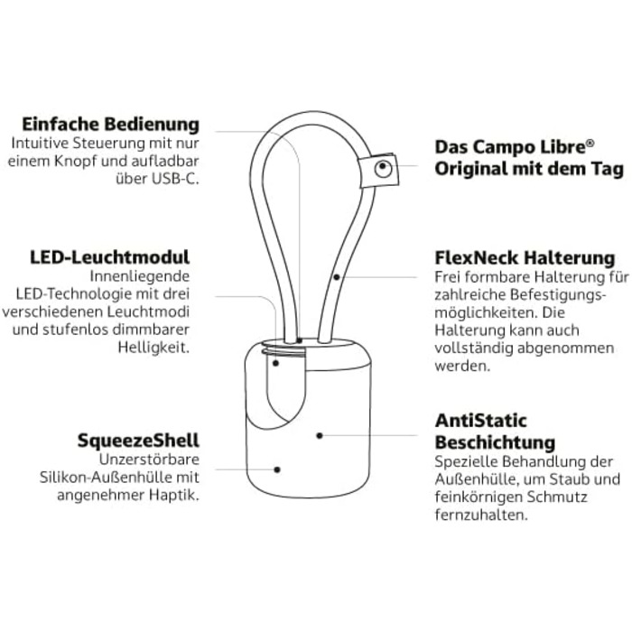 Campo Libre.® LENI I Camping Lamp I flexible Outdoor Lamp for Hanging, Standing, and Mounting I dimmable Camping Light I rechargeable I Balcony Lamp, Camping Light, Outdoor Table Lamp