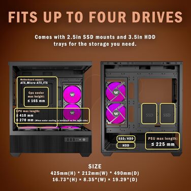 Корпус ПК KEDIERS G800-B50F з 5 вентиляторами PWM ARGB, Mid-Tower, чорний, з панеллю з загартованого скла