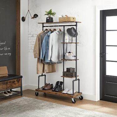 VASAGLE Clothes Rack on Wheels, Coat Rack, Clothes Rail with 5 Shelves, 40 x 103.5 x 174.5 cm, Industrial Design, Steel Frame, Vintage Brown-Black HSR66BXV1