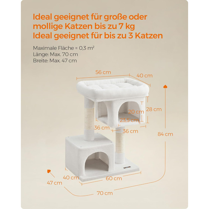 Feandrea Cat Tree, 84 cm Cat Tree, L, Cat House for Large Cats up to 7 kg, Large Platform, 2 Cat Caves, Sisal Posts, PCT61W (L (60 x 40 x 84 cm), Cream White)