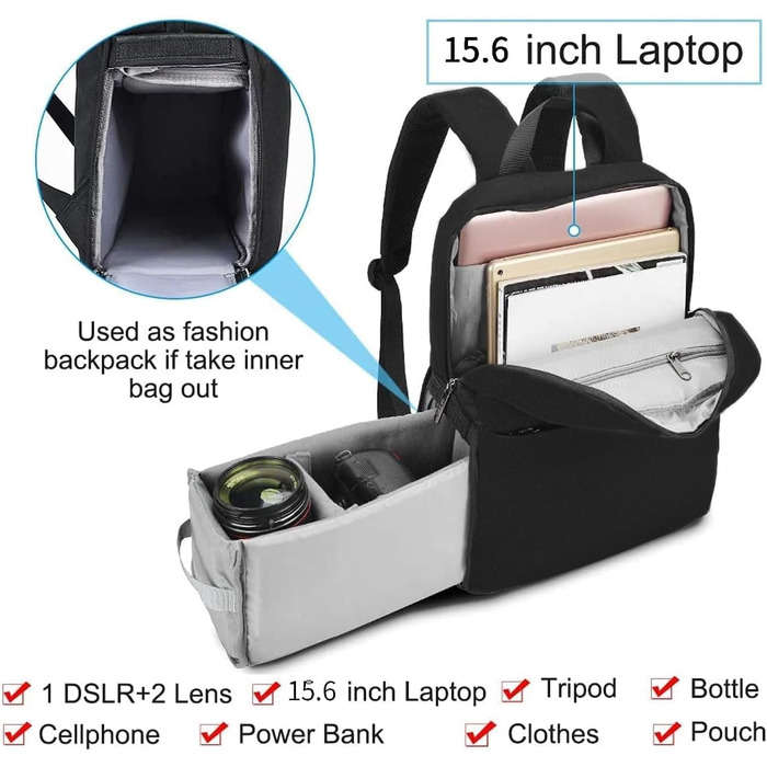 Рюкзак для камери CADeN, водовідштовхуючий, для DSLR Canon, Nikon, Sony, зі штативом, чорний