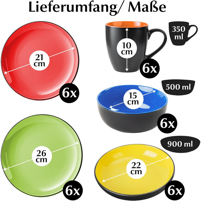 MIAMIO Набір посуду на 6 осіб / Столовий сервіс з 30 предметів (тарілки, миски, чашки, супові тарілки) - Колекція Le Papillon (Кольоровий, 30 предметів)
