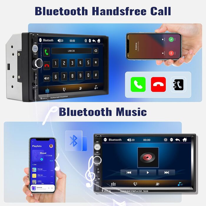 Автомагнітола CAMECHO 2 DIN з 7-дюймовим сенсорним екраном, Bluetooth, Mirror Link, FM-радіо, USB, AUX, керування з керма, 7 кольорів підсвітки, камера заднього виду, MP5