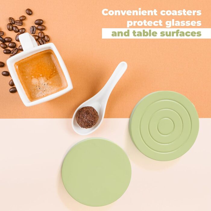 Colorful wooden coasters for drinks, set of 6 for drinking glasses, table protector for all table types, gift set for all occasions, (Pastel Pistachio Shovel, Coasters)