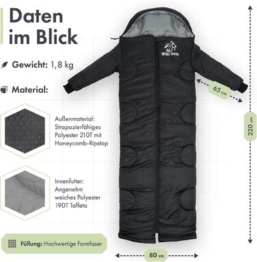 Спальний мішок з рукавами Nature Rovers, чорний, для дорослих, 3 сезони, водонепроникний, з подушкою, 220x80 см