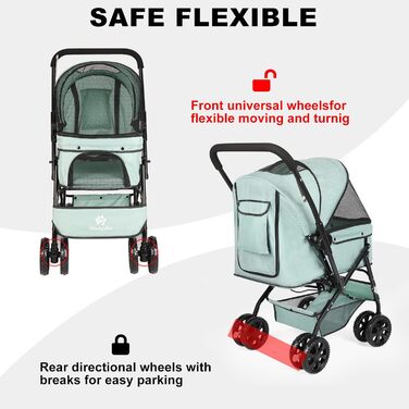 Візок для собак Wedyvko до 20 кг, 4 колеса, складаний, для маленьких та середніх собак та котів, з кошиком для зберігання та тримачем для напоїв (зелений)