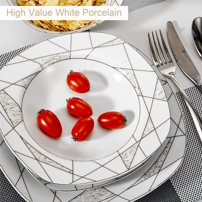 VEWEET Сервіз столовий 'Serena' з порцеляни, 24 частини | Сервіз включає миски, тарілки для десерту, обідні та супові тарілки | Для 6 осіб, ресторану, сім'ї (білий, 48-частинний сервіз)