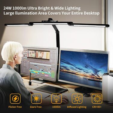 LED лампа для столу Litren 80 см з USB, сенсорне управління та таймер, 24W, чорна