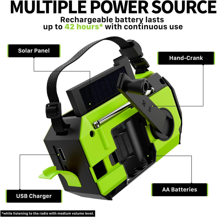 Радіоприймач FosPower NOAA/AM/FM з Power Bank 19240 мАг (5200 мАг) – сонячна/USB зарядка, ручний генератор, SOS-сигнал, ліхтарик, зелений