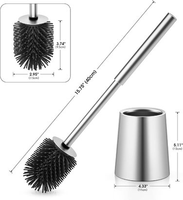 Силіконова щітка для унітазу Klobürste – гігієнічна щітка з нержавіючої сталі 304 з змінним насадком, для дому, готелю, ванної кімнати (розміру Gebürstetes Silber)