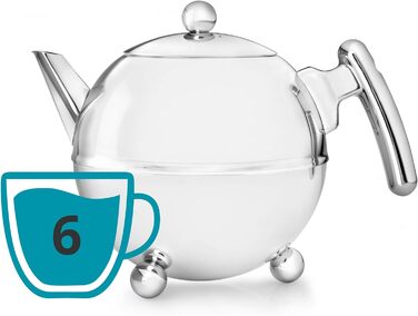 Bredemeijer round, pot-bellied, double-walled stainless steel teapot, 1.2 liters with chrome-colored handle