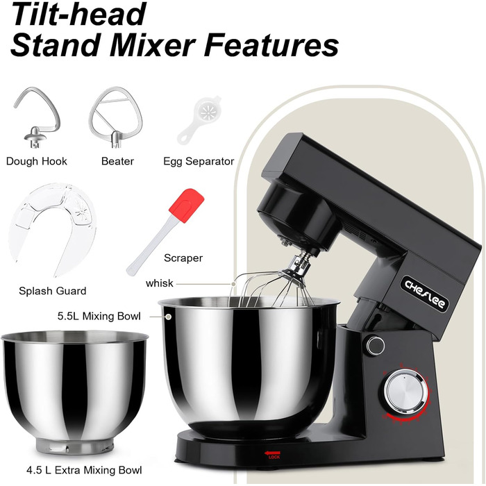 Кухонна машина Cheflee 1500W з чашами 4.5L та 5.5L з нержавіючої сталі, 10+ швидкостей, міксер з гаками для тіста та вінчиком, сплеск-захист (Чорний)