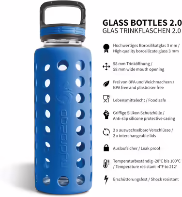 Glass Drinking Bottle with Silicone Sleeve – 100% Leak-Proof, BPA-Free, Dishwasher Safe, 2 Replaceable Lids – Ideal for Office, Fitness, Yoga, Sports & Outdoor (Navy Blue 2.0) – 950 ml