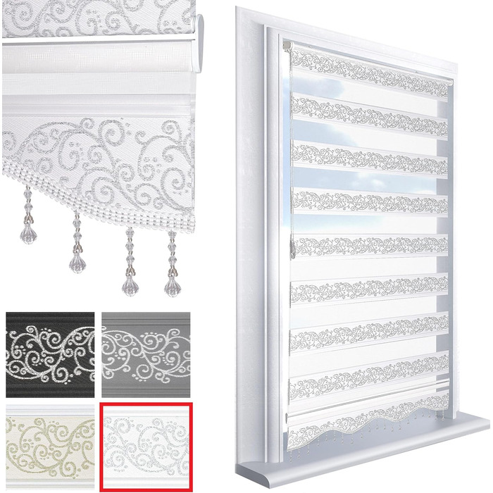 Double roller blinds, Easy-Fix without drilling, White Silver, 200 x 60 cm (Length x Width). Blackout Duo roller blinds with beads, shimmering, Roman shade, window, door, zebra blinds, clip-on blinds, side-pull blinds
