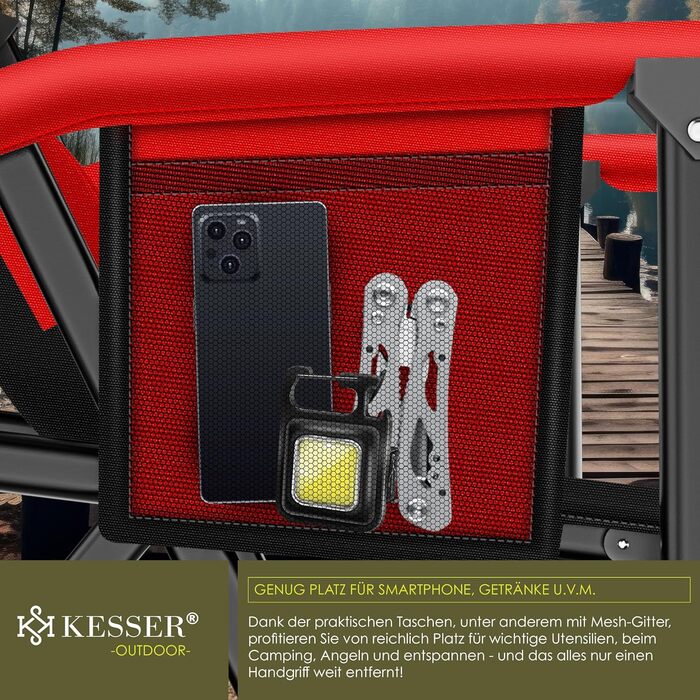 Крісло для кемпінгу KESSER® з високою спинкою, 160 кг, з підлокітниками, тримачем для напоїв та світлом | Стільці для риболовлі, відпочинку на пляжі