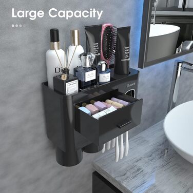 iHave Toothbrush Holder Wall Mount Black, Bathroom Toothbrush Holder with Toothpaste Dispenser, 2 Cup Toothbrush Holder with Drawer, Large Capacity Toothbrush Organizer Bathroom