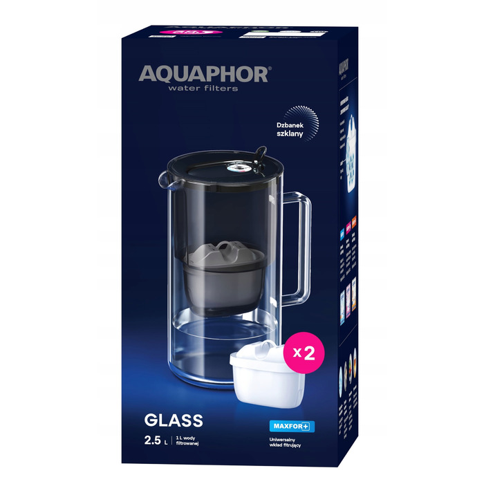 Скляний фільтр-кувшин Aquaphor Glass 2,5 л + 2 картриджі Maxfor+ Mg, чорний