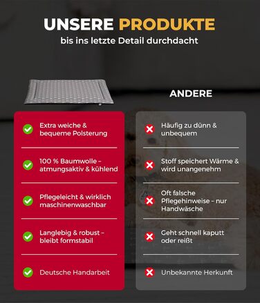 Літня подушка для собак HS-Hundebett® з бавовни з наповнювачем та антиковзким покриттям XS – М'яка подушка для собак на літо – Пральна та довговічна – Легка літня подушка для собак – Виготовлено в Німеччині (Сірий колір, 65x95 см)