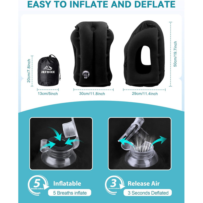 JefDiee Inflatable Neck Pillow Travel Airplane, Portable Travel Pillow, Neck Support Pillow Comfortably Supports Head and Chin, Pillow for Trains, Cars, Office, Home, with 3D Eye Mask, Earplugs (Black)