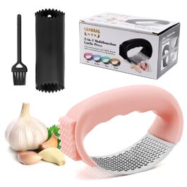 Пресувалка для часнику Bemodst з нержавіючої сталі 304, 2-в-1: пресувалка та очищувач часнику, ергономічна ручка, легка у використанні та чищенні, з щіткою для чищення часнику Rose