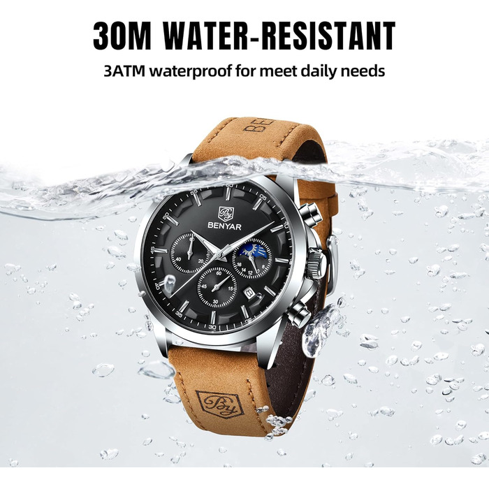 Годинники BENYAR для чоловіків: кварцовий хронограф, водонепроникні, з датою, стильні та елегантні. Підходять для повсякденного та ділового стилю. Чудовий подарунок! Коричневий, срібний, чорний колір корпусу. Ремінець з шкіри або нержавіючої сталі.