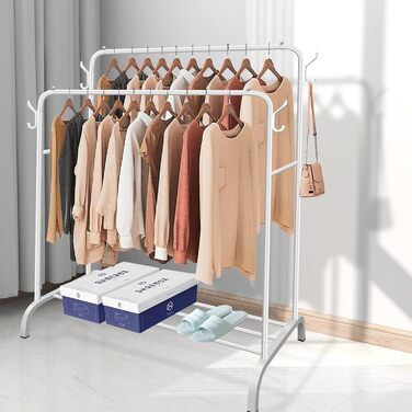 Metal Clothes Rack Clothes Stand Stable, Double Rod Durable with 1 Tier Shelf and 4 Side Hooks, Freestanding Clothes Rack, Multi-Purpose Organizer, Bedroom (Black2)