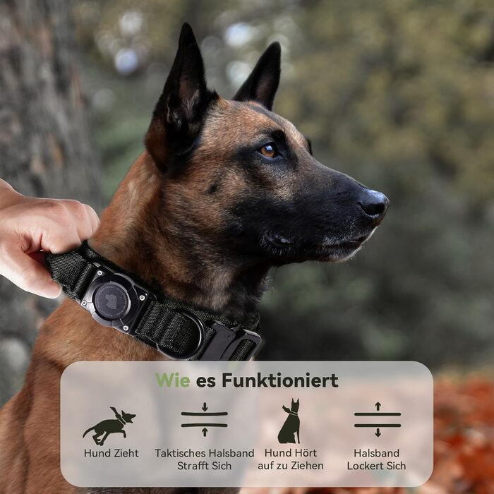 Тактичне об'ємне нашийник для собак з ручкою, водонепроникний Airtag нашийник, товстий регульований нашийник для собак з м'якою підкладкою, металева застібка для середніх та великих собак (L(18'-23')), L(18'-23'), (Чорний, XL(24'-28'))
