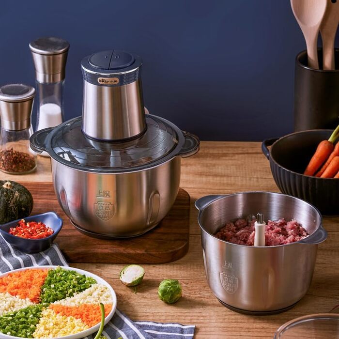 Електричний подрібнювач Bear 2L+1.8L з м'ясоподрібником, 600W, 2 швидкості, 4 леза з нержавіючої сталі, скляна ємність для м'яса, дитячого харчування, фруктів та овочів