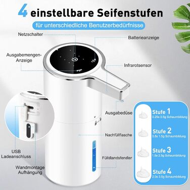 Автоматичний дозатор мила для стін, безконтактний, 400 мл, електричний, з сенсором, USB, перезаряджається, 1800 mAh, для ванної, кухні, офісу (піна, білий). Білий, піна