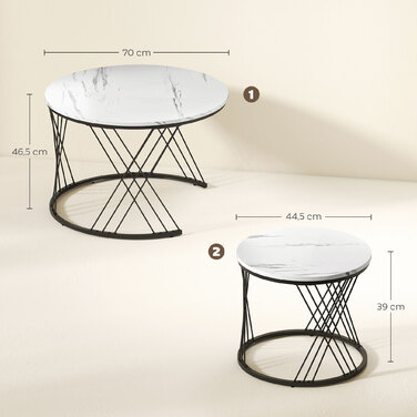 HOMCOM Set of 2 Round Coffee Tables with Marble Look - White