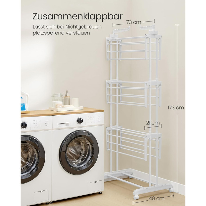SONGMICS Сушарка для білизни на коліщатках, 4 яруси, розкладна, 63,5 x 128 x 173 см, білий, LLR701W03