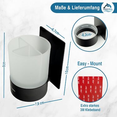 Dolvhin® Toothbrush Holder without Drilling | Frosted Glass Toothbrush Cup for Gluing | Toothbrush Cup & Wall Mount Toothbrush Holder Stainless Steel | Toothbrush Cup & Toothbrush Organizer | Matte Black