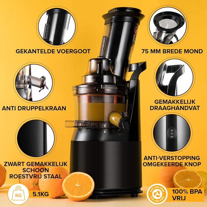 Fridja High-Performance Juicer for Whole Fruits and Vegetables, Sorbet, Ice Cream, 75mm Feed Chute with Wide Mouth, BPA-Free, 240 Watts, Cold Press, Black Stainless Steel f1900, Black