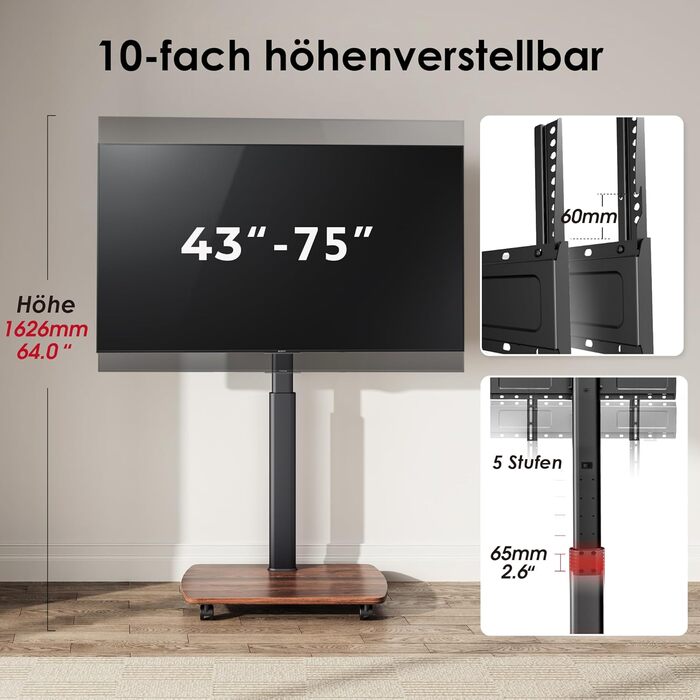 AOKCOS Rolling TV Stand with Wood Shelf - Adjustable Height & Swivel - Fits 43-75 Inch TVs (up to 50kg) - VESA 600x400mm - White+Natural (Black+Vintage Brown)