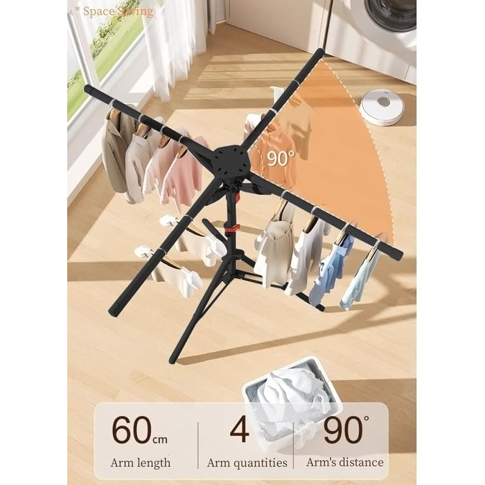 Сушарка для білизни Standtrockner Hoch Klappbar - розкладна сушарка для білизни з 4 крилами для балкона, в приміщенні та на вулиці (білий/чорний)