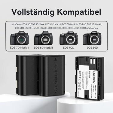 Акумулятор ENEGON LP-E6 (3x3000mAh) з зарядним пристроєм на 3 слоти LCD, сумісний з Canon EOS 5D, 5D Mark II, 6D, 7D, 60D, 70D, 80D, 90D, XC10, XC15