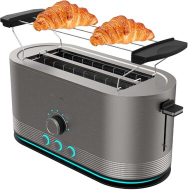 Cecotec Shine&Toast Extra Double stainless steel vertical toaster. 1400W, capacity for 4 slices, 3.8 cm wide slots, illuminated ring, 7 browning levels, upper bread rack.