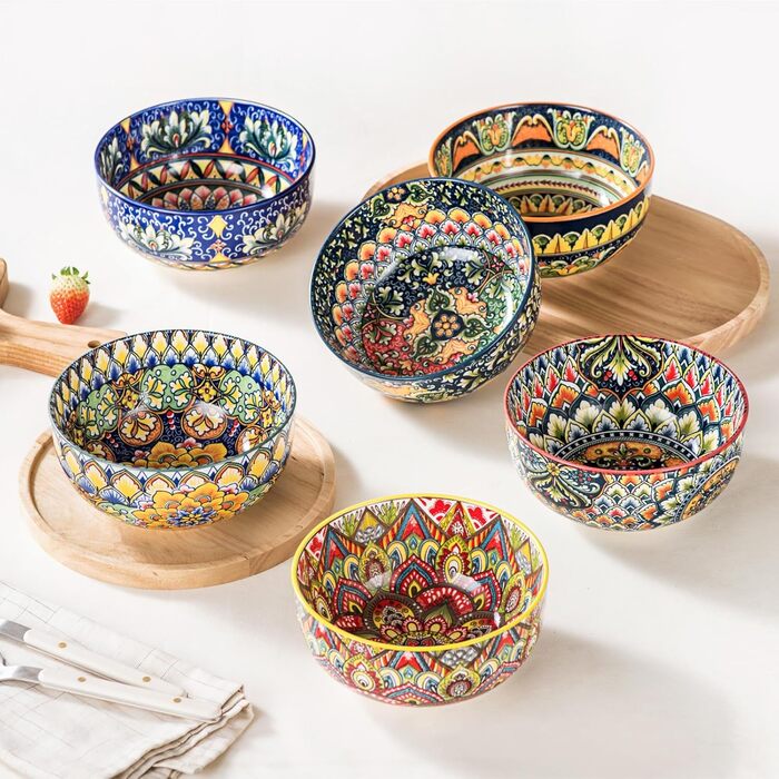 Набір супових тарілок Henten Home, 4 шт. - порцелянові десертні/сніданочні тарілки, 300 мл, для морозива/рису/десерту, кольорові сервіровочні миски, 4 шт. - Богемний стиль