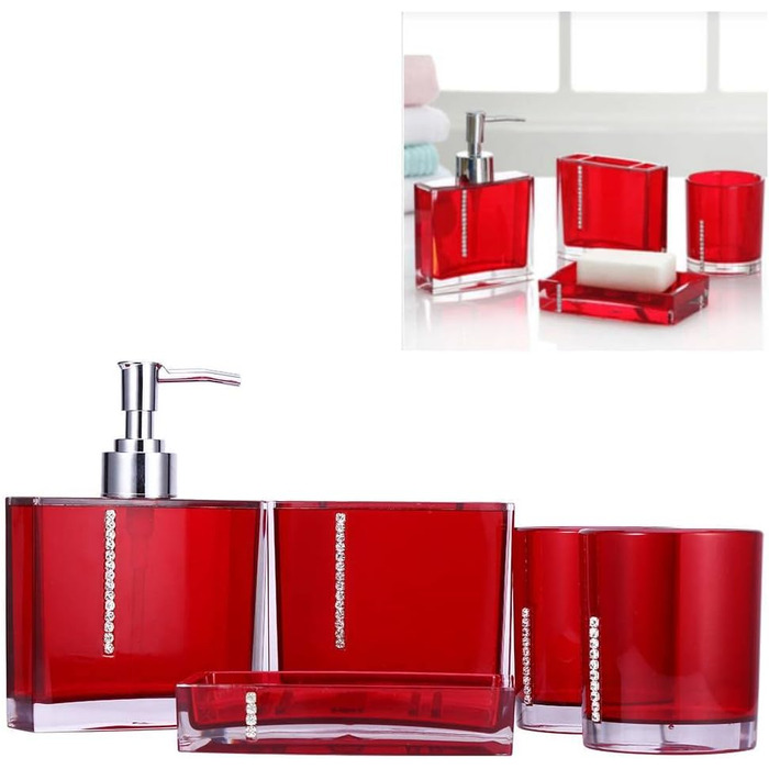 5-Piece Bathroom Accessories Set includes emulsion bottle, toothbrush holder, 2 rinsing cups, soap dish, plastic gift bath set, white (Red)