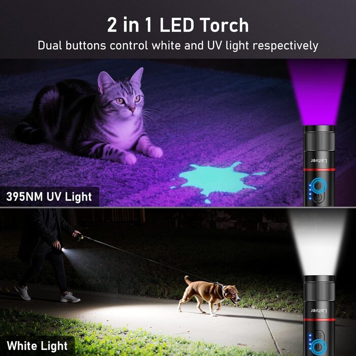 Ліхтар LED/UV перезарядна 2-в-1, Laitver 2000L, 395nm, чорний ліхтар, 6 режимів, збільшення, вологостійкий, для освітлення та виявлення сечі тварин
