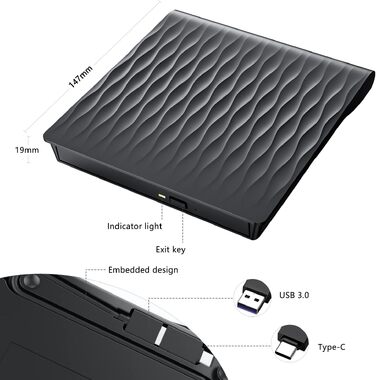 Зовнішній DVD/CD привід USB 3.0 та Type-C, DVD-брунер +/-RW для ноутбука та ПК, сумісний з Windows 11/10/8/7, MacOS, Linux, чорний