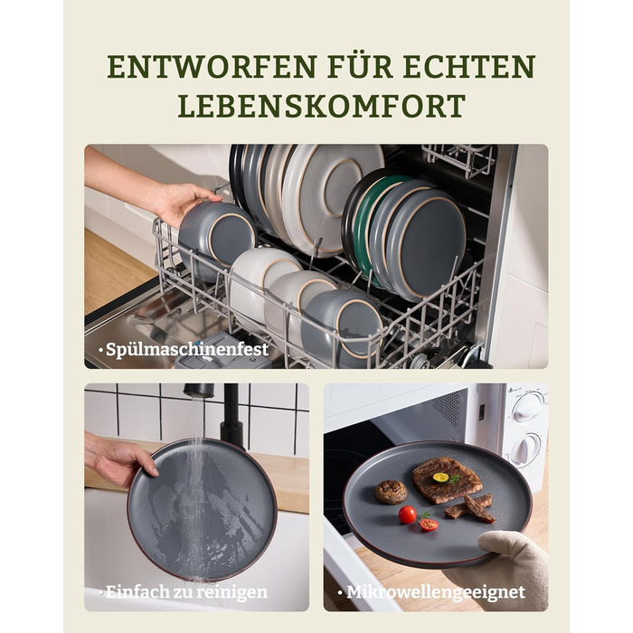 Набір посуду Mercury, 12 предметів: тарілки, супові миски, десертні тарілки, для 4 осіб, з каменю, мікрохвильова піч та посудомийна машина, сірий колір