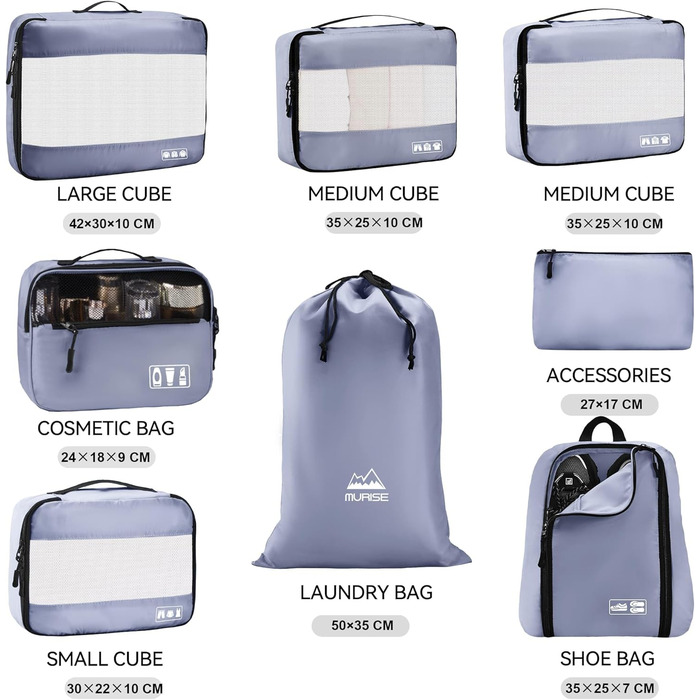 Органайзер для валізи MURISE, 8 шт. - Packing Cubes для подорожей, набір для валізи з чохлом для взуття та косметичкою, система організації, Travel Essentials (Сірий)