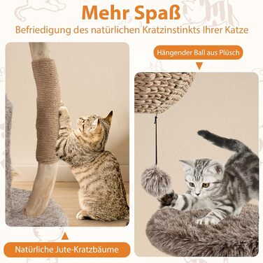 Дерев'яна кігтеточка для котів Costway 90 см з 3 м'якими місцями для відпочинку, канатом та кігтечильною колоною з джуту, 3-ярусна, з печею, білий + натуральний колір